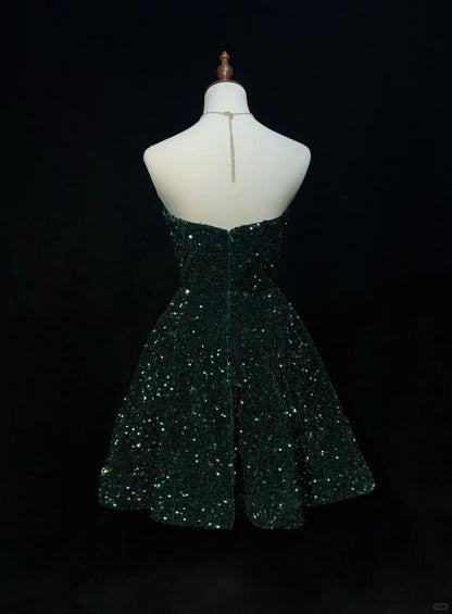 Dark Green Sweetheart Neck A-Line Sequin Short Prom Dresses Homecoming Dresses HZ1024