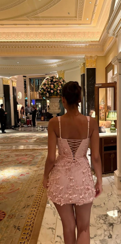 Pink Square Neck Bodycon Satin Beaded Short Prom Dresses Homecoming Dresses with Appliques HZ1024