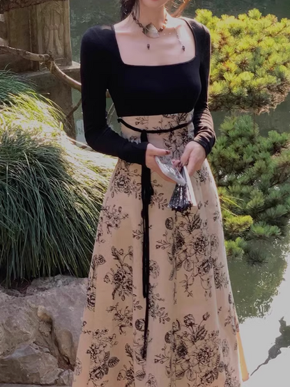 Chinese style printed knitted patchwork cheongsam long skirt HZ1024