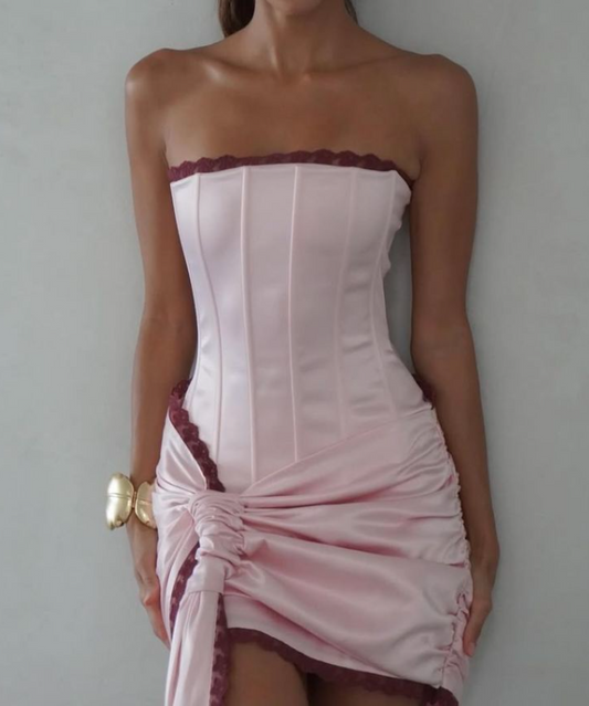 Pink Strapless Bodycon Satin Short Prom Dresses Homecoming Dresses HZ1024