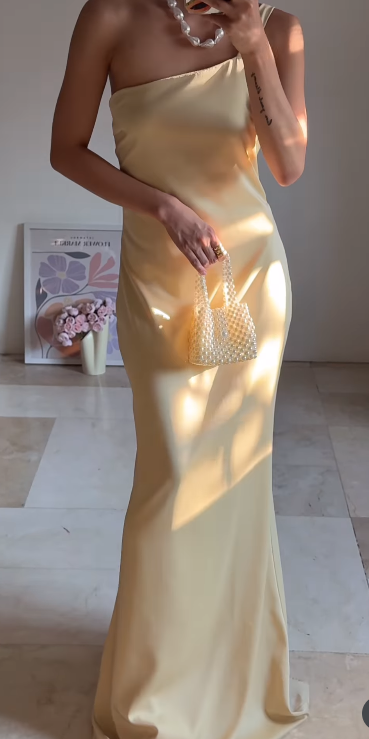 Butter Yellow One Shoulder Sheath Satin Long Prom Dresses Formal Evening Gowns HZ1024