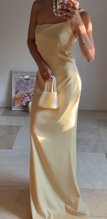 Butter Yellow One Shoulder Sheath Satin Long Prom Dresses Formal Evening Gowns HZ1024