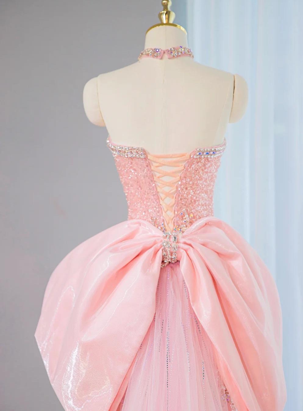 Pink Strapless Mermaid Tulle Beaded Long Prom Dresses Wedding Dress with Bow HZ1024