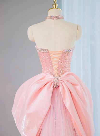 Pink Strapless Mermaid Tulle Beaded Long Prom Dresses Wedding Dress with Bow HZ1024