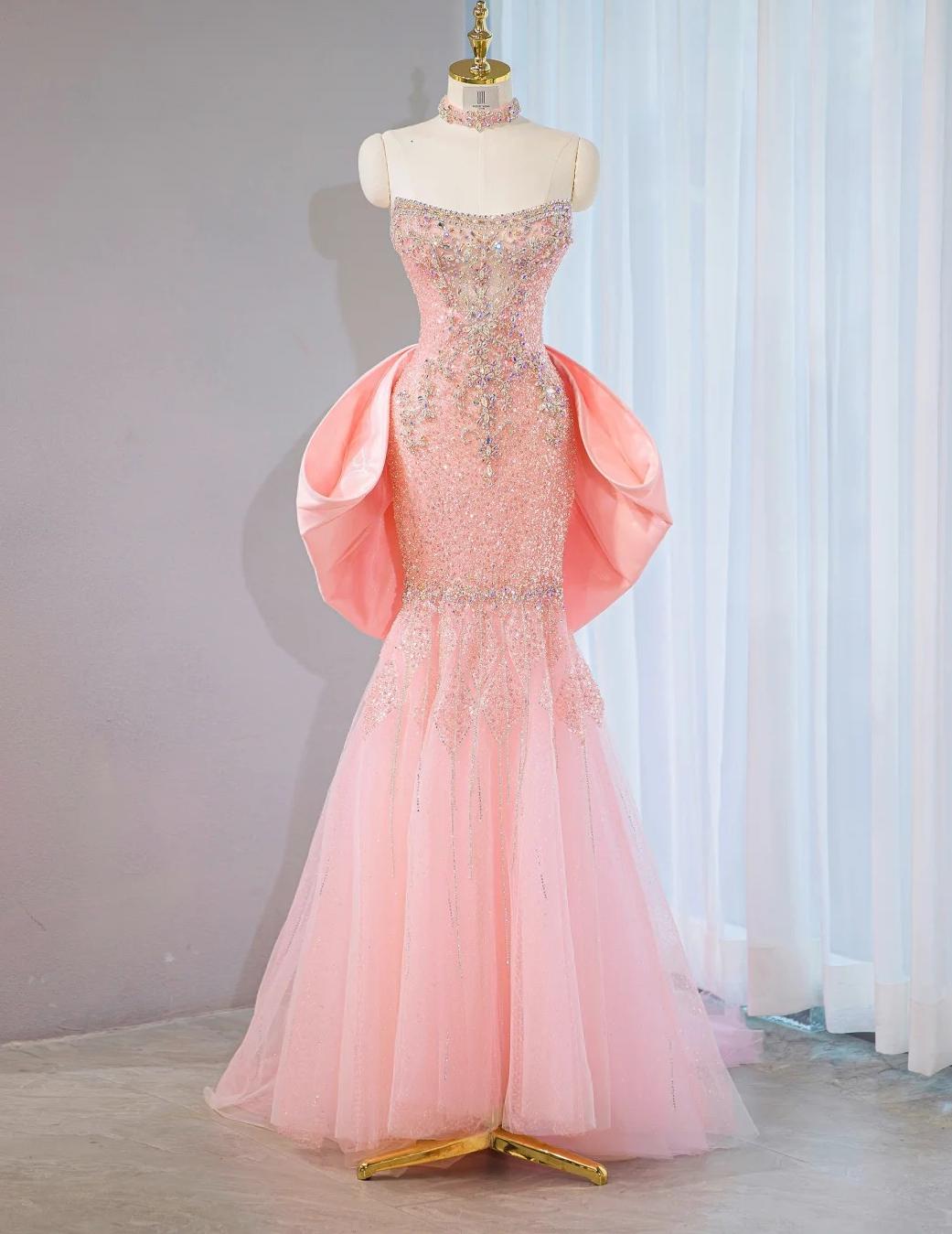 Pink Strapless Mermaid Tulle Beaded Long Prom Dresses Wedding Dress with Bow HZ1024