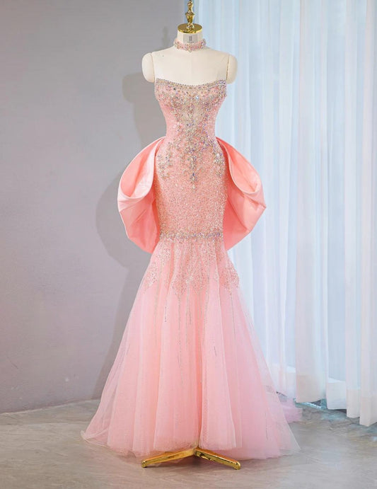 Pink Strapless Mermaid Tulle Beaded Long Prom Dresses Wedding Dress with Bow HZ1024