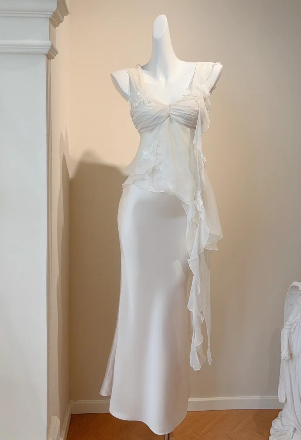 Simple White Spaghetti Straps Sheath Satin Chiffon Long Prom Dresses Birthday Evening Gowns ED02806