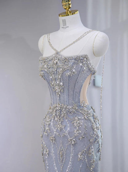 Gorgeous Lilac Strapless Mermaid Tulle Rhinestone Long Prom Dresses Formal Evening Gowns ED02809