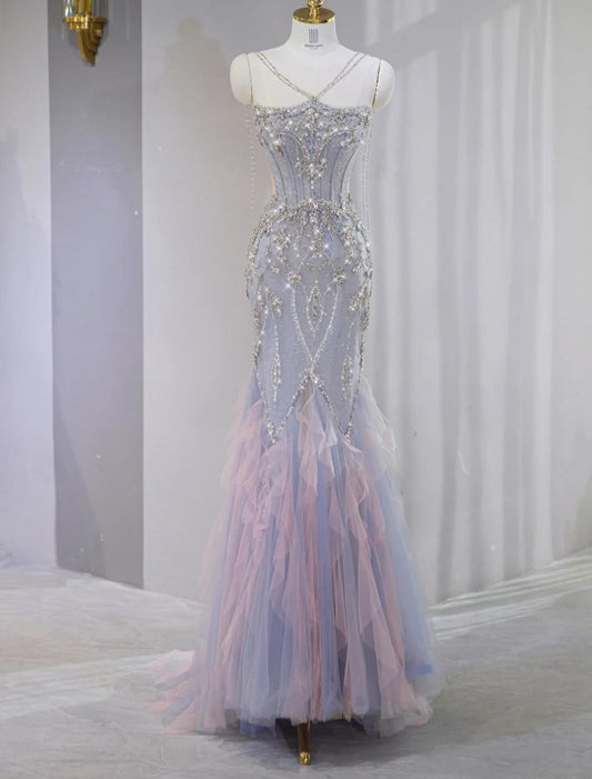 Gorgeous Lilac Strapless Mermaid Tulle Rhinestone Long Prom Dresses Formal Evening Gowns ED02809