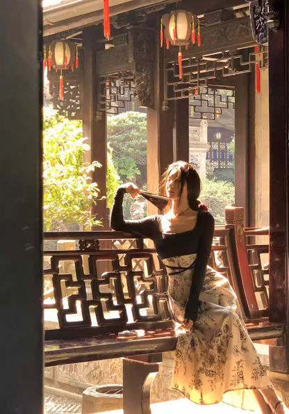 Chinese style printed knitted patchwork cheongsam long skirt HZ1024