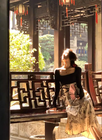 Chinese style printed knitted patchwork cheongsam long skirt HZ1024