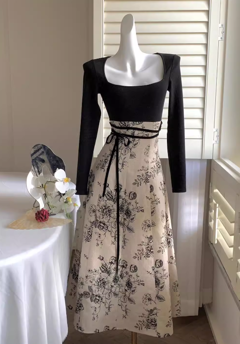 Chinese style printed knitted patchwork cheongsam long skirt HZ1024