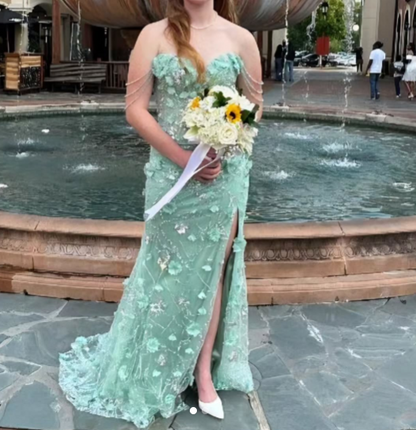 Fairy Green Off-the-shoulder Mermaid Tulle Beaded Long Prom Dresses Appliques Wedding Guest Dress Formal Dress ED02814