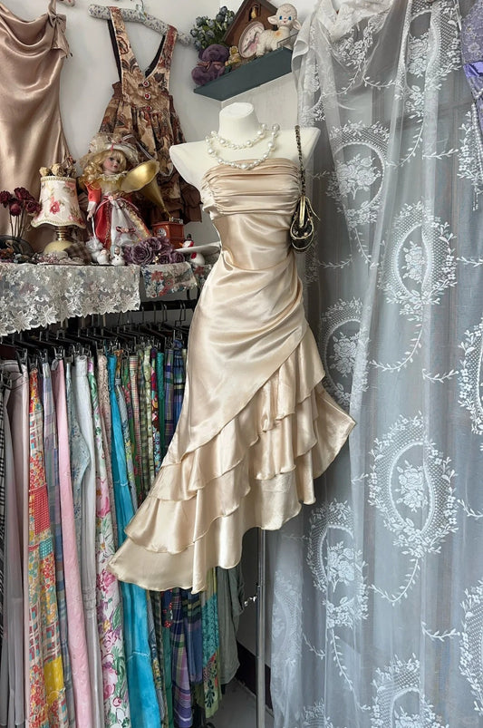 Champagne Strapless Mermaid Satin Short Prom Dresses Party Dress HZ1024