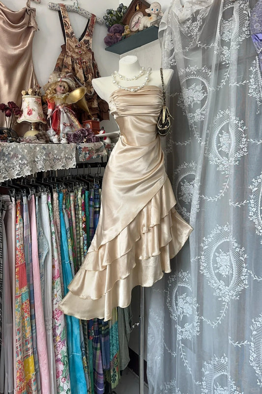 Elegant Champagne Strapless Mermaid Satin Short Prom Dresses Party Dress ED02819