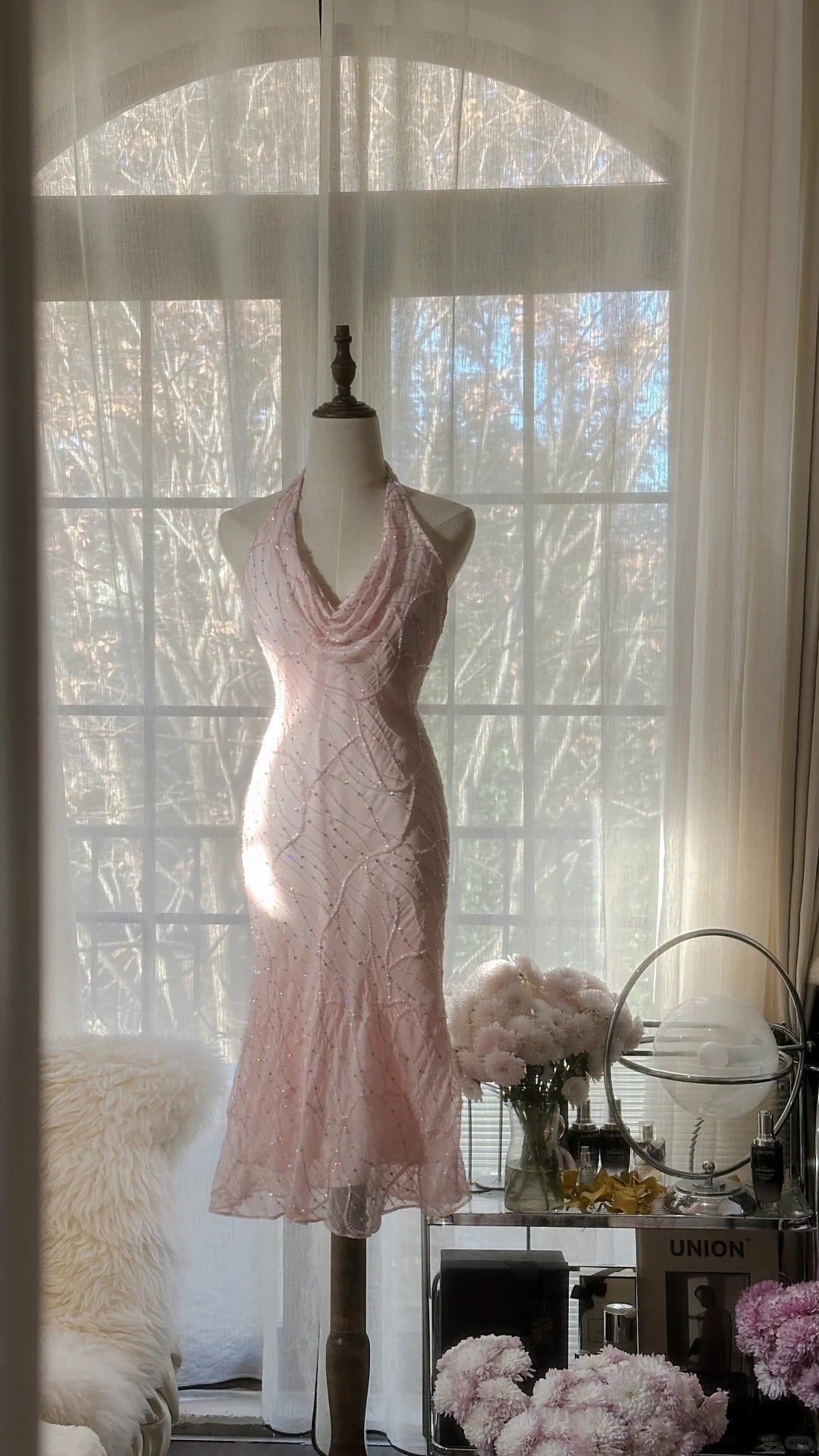 Sweet Pink Halter Collar Bodycon Chiffon Short Prom Dresses Vintage Party Dress with Beading ED02821