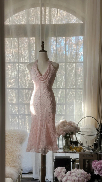 Sweet Pink Halter Collar Bodycon Chiffon Short Prom Dresses Vintage Party Dress with Beading ED02821
