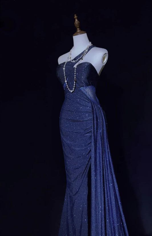 Gorgeous Navy Blue One Shoulder Mermaid Glitter Satin Long Prom Dresses Formal Evening Gowns with Open Back ED02823