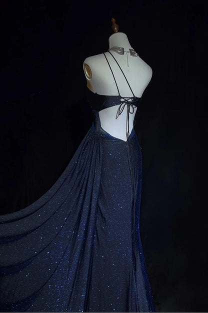 Gorgeous Navy Blue One Shoulder Mermaid Glitter Satin Long Prom Dresses Formal Evening Gowns with Open Back ED02823