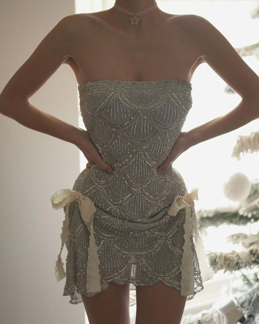 Silver Strapless Boycon Tulle Beaded Short Prom Dresses Homecoming Dresses HZ1024