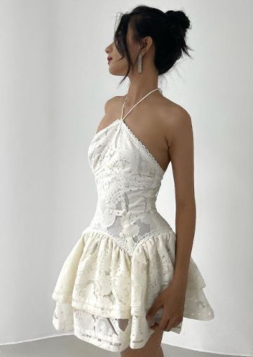Apricot Halter Neck A-Line Lace Applique Short Party Dress Homecoming Dresses HZ1024