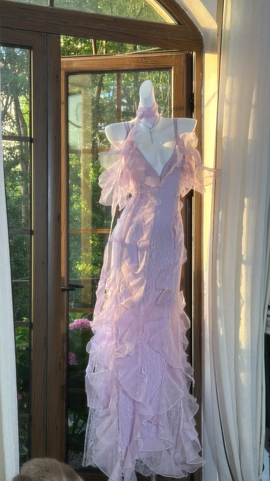 Gorgeous Light Taro Purple V-neck Sheath Tulle Lace Long Prom Dresses Formal Evening Gowns with Open Back ED02833