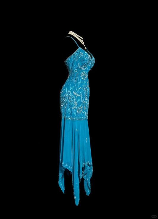 Vintage Blue Spaghetti Straps Sheath Chiffon Beading Long Prom Dresses Formal Evening Gowns ED02834