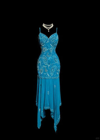Vintage Blue Spaghetti Straps Sheath Chiffon Beading Long Prom Dresses Formal Evening Gowns ED02834