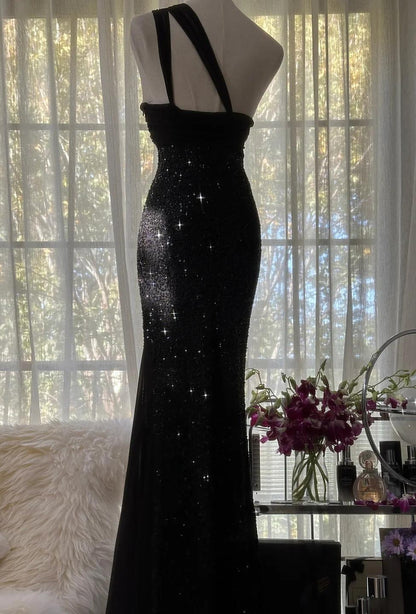 Black One Shoulder Mermaid Chiffon Long Prom Dresses Formal Evening Gowns with Beading HZ1024