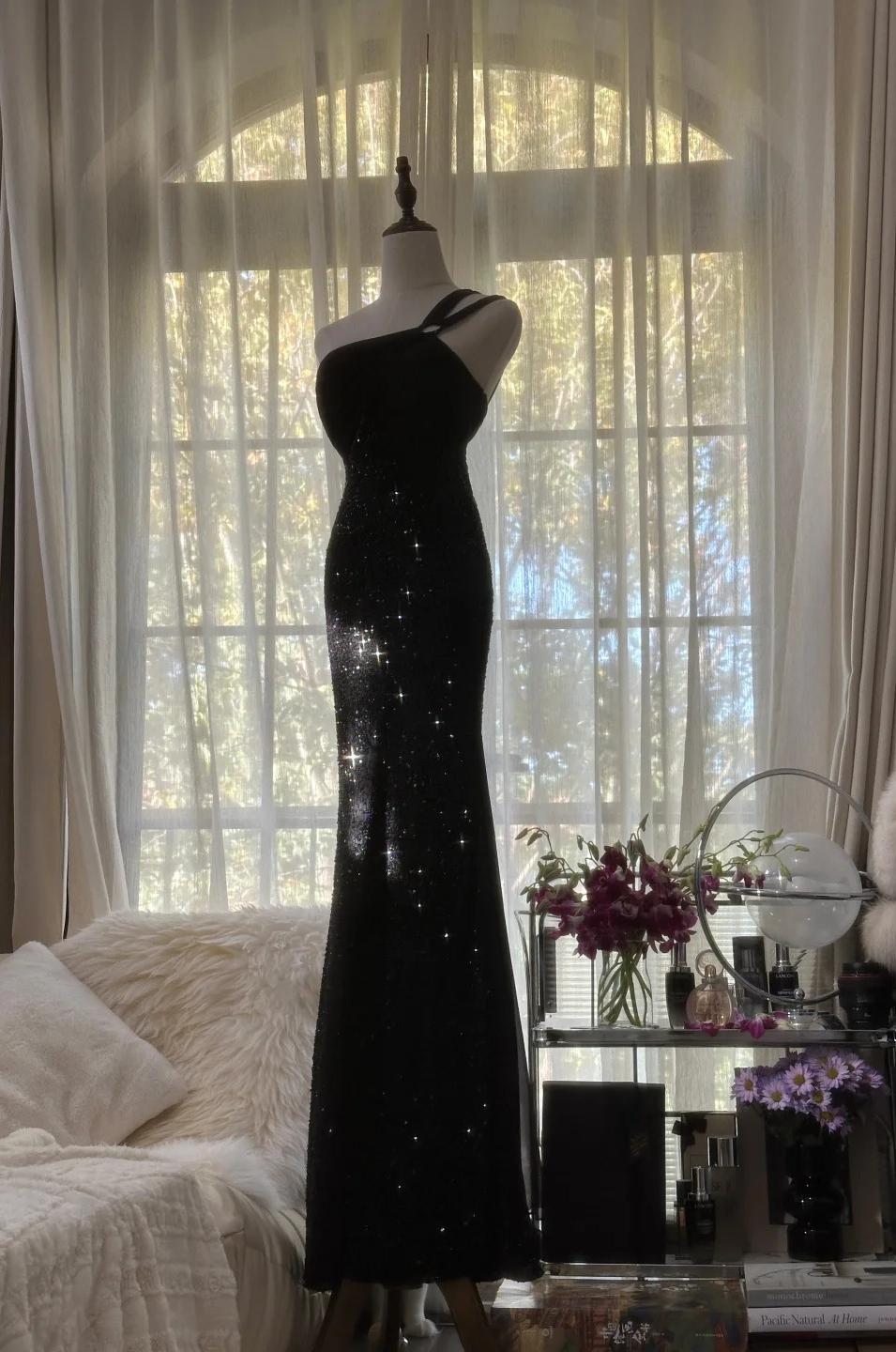 Black One Shoulder Mermaid Chiffon Long Prom Dresses Formal Evening Gowns with Beading HZ1024