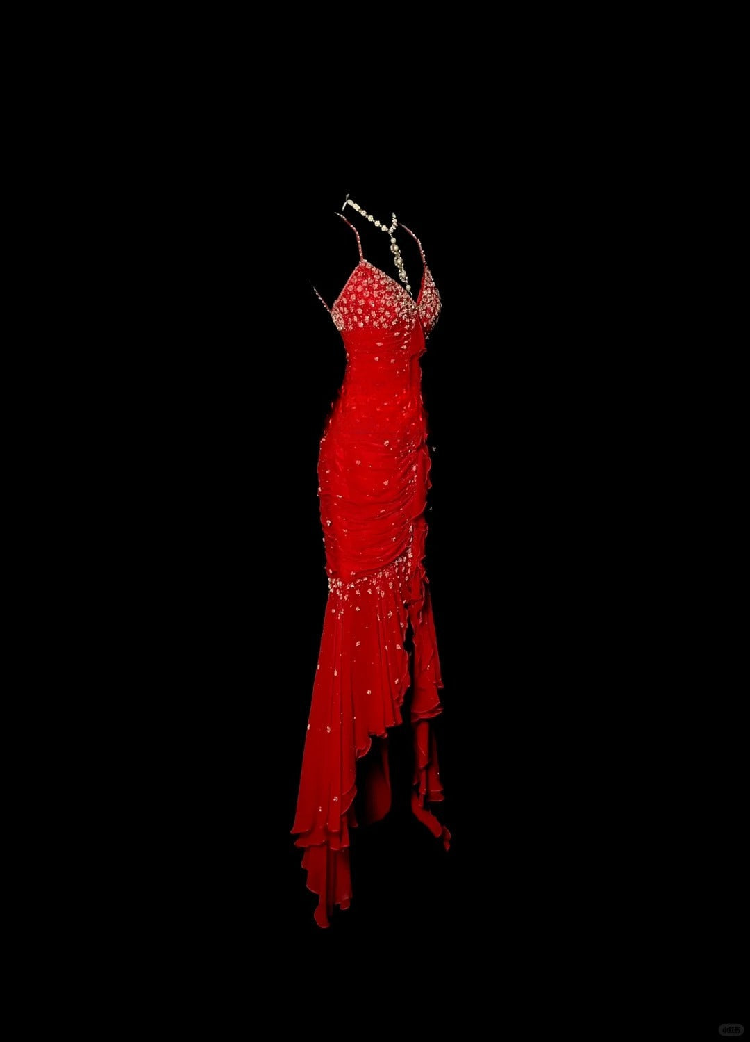 Stunning Red Spaghetti Straps Mermaid Chiffon Long Prom Dresses Vintage Evening Gowns with Beading ED02837