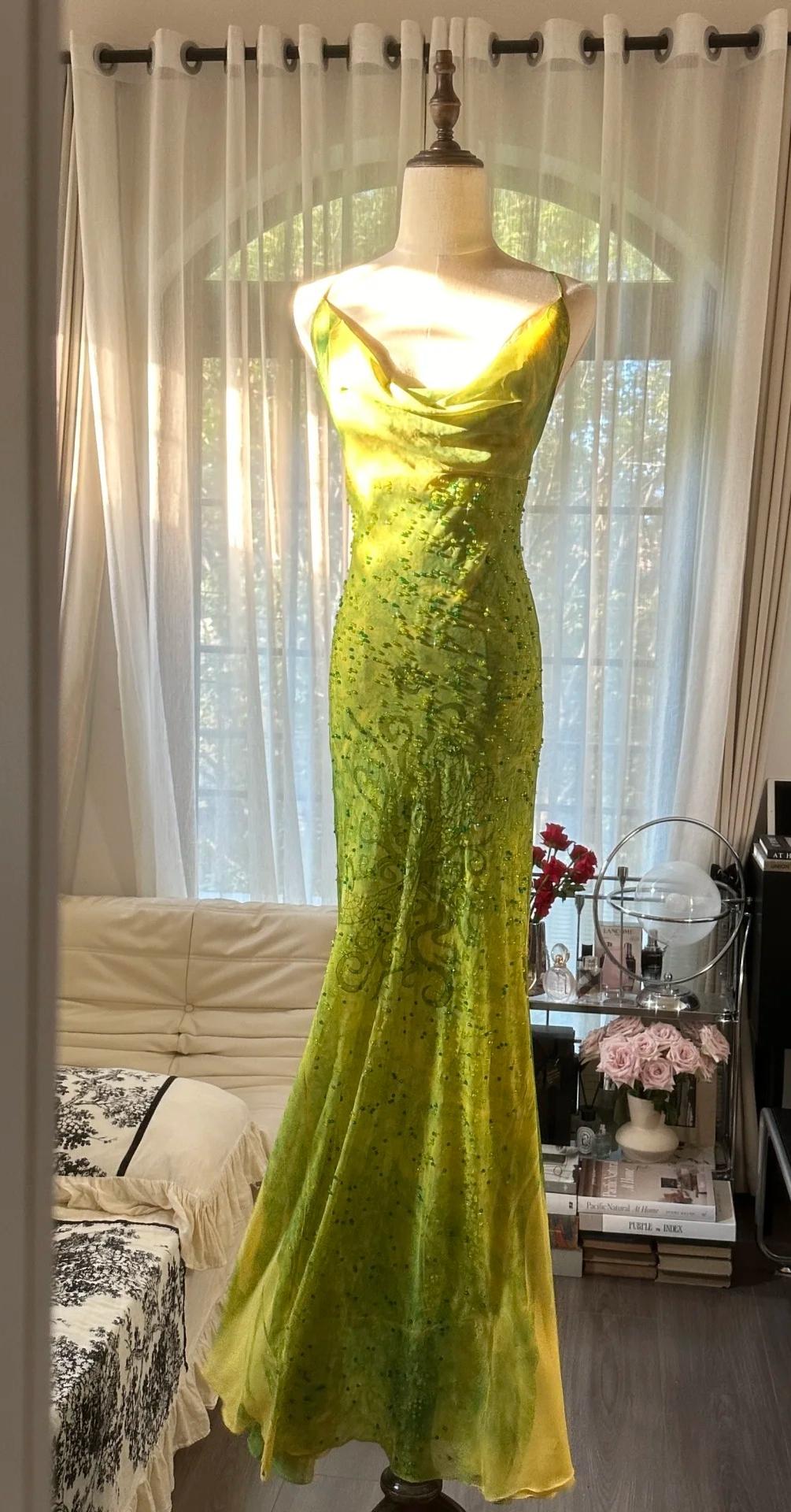 Green Spaghetti Straps Mermaid Chiffon Long Prom Dresses Elegant Evening Gowns with Beading HZ1024