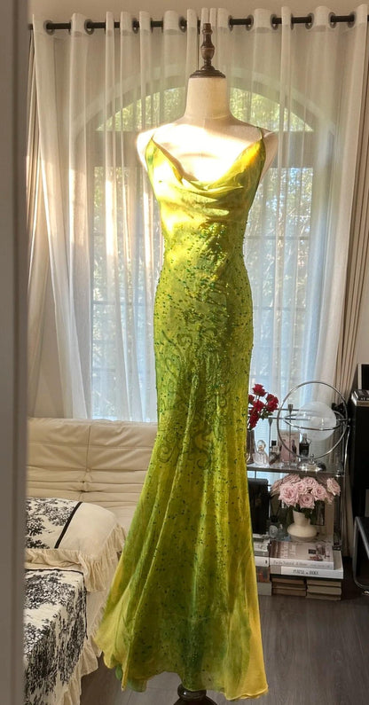 Green Spaghetti Straps Mermaid Chiffon Long Prom Dresses Elegant Evening Gowns with Beading HZ1024