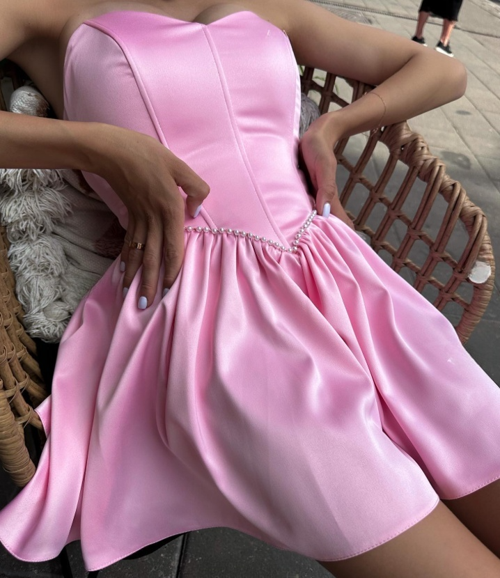 Pink Strapless A-Line Satin Short Prom Dresses Homecoming Dresses HZ1024