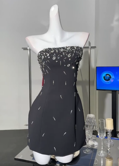 Black Strapless Sheath Satin Beaded Short Party Dresses Homecoming Dresses HZ1024