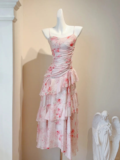 Sweet Spaghetti Straps Printed Chiffon A-Line Long Prom Dresses Pretty Evening Gowns ED02856