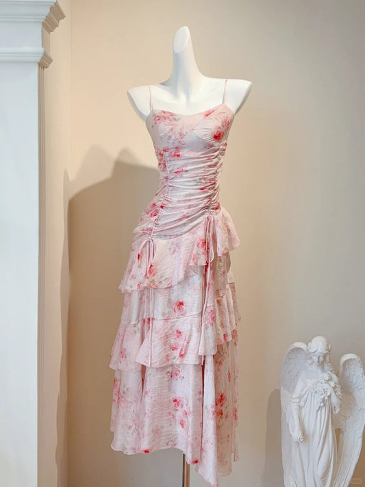 Sweet Spaghetti Straps Printed Chiffon A-Line Long Prom Dresses Pretty Evening Gowns ED02856