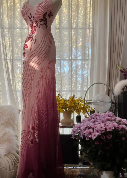 Elegant Pink Spaghetti Straps Mermaid Chiffon Beading Long Prom Dresses Vintage Evening Gowns ED02860