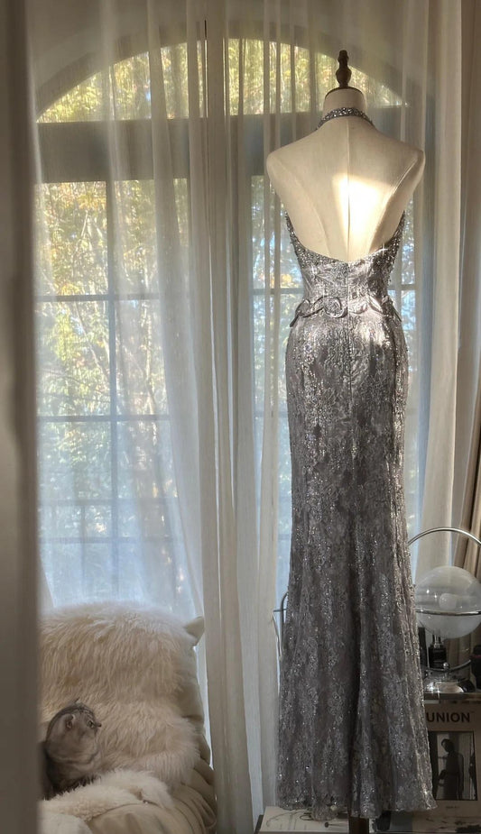 Stunning Grey V-Neck Mermaid Lace Beading Long Prom Dresses Vintage Evening Gowns ED02858