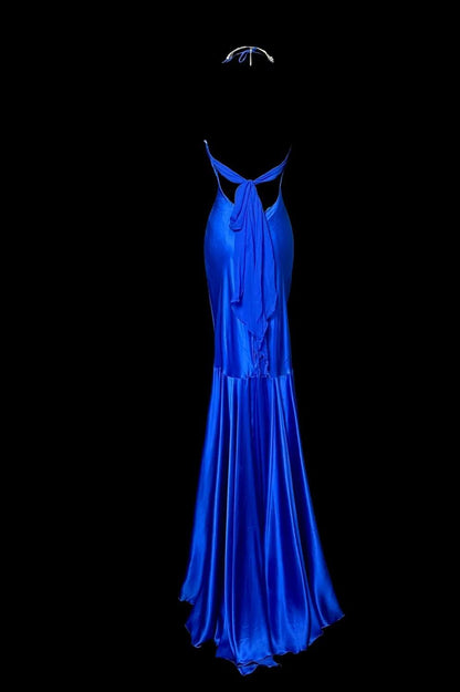 Stunning Blue V Neck Mermaid Satin Long Prom Dresses Formal Evening Gowns with Open Back ED02877