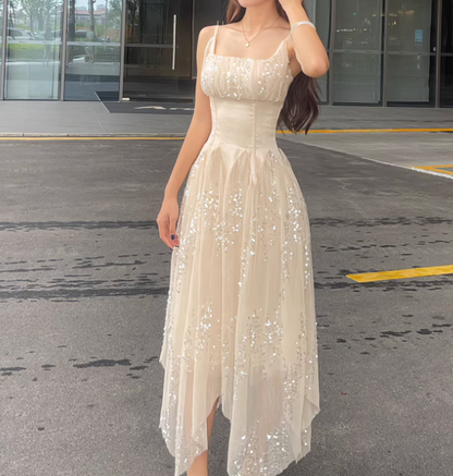 Apricot Square Neck A-Line Tulle Sequins Long Prom Dresses Birthday Evening Dress Gowns HZ1024