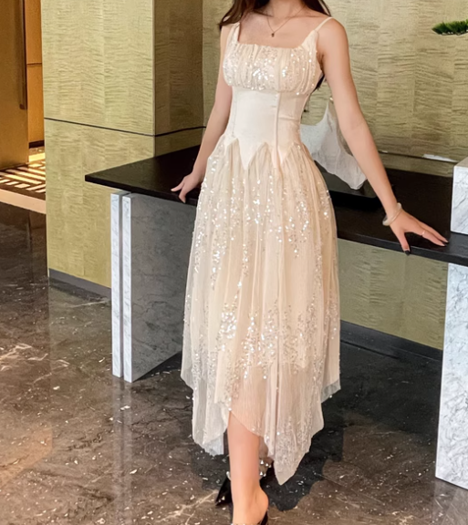 Apricot Square Neck A-Line Tulle Sequins Long Prom Dresses Birthday Evening Dress Gowns HZ1024