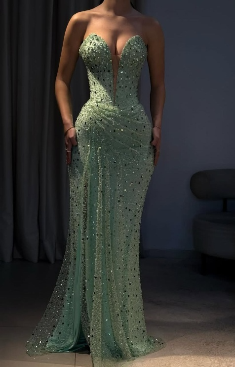 Stunning Green Sweetheart Neck Sheath Tulle Beading Long Prom Dresses Formal Evening Gowns with Sequins ED02880
