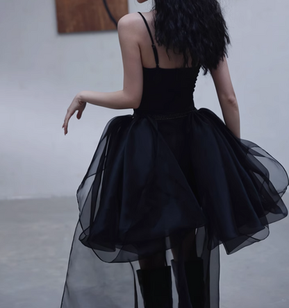 Fashion Black Spaghetti Straps A-Line Tulle Hi-Lo Prom Dresses Birthday Party Dresses ED02881