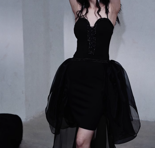 Black Spaghetti Straps A-Line Tulle Hi-Lo Prom Dresses Birthday Party Dresses HZ1024