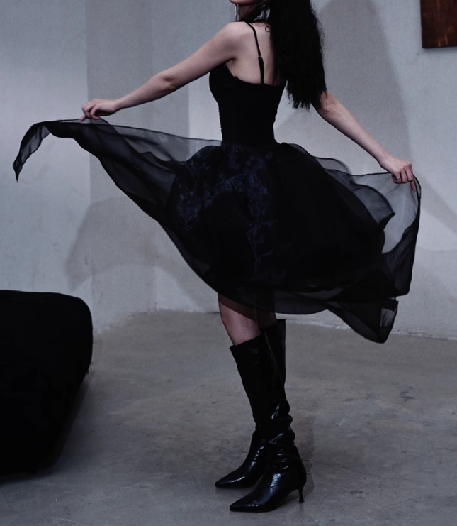 Black Spaghetti Straps A-Line Tulle Hi-Lo Prom Dresses Birthday Party Dresses HZ1024