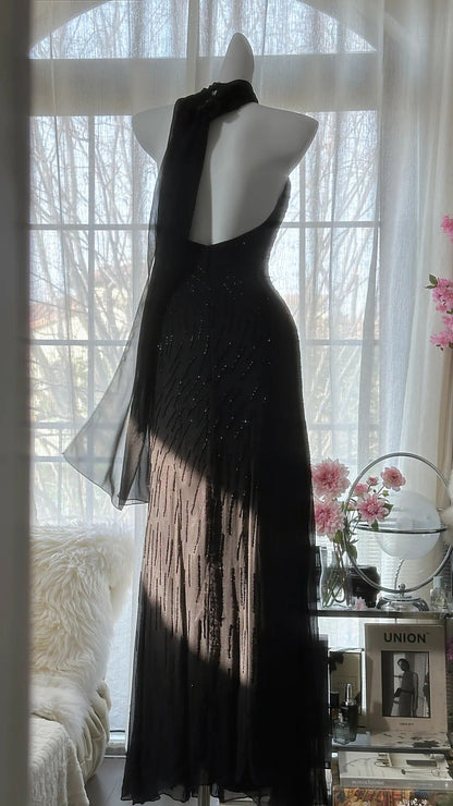 Elegant Black V-neck Sheath Chiffon Beading Long Prom Dresses Vintage Evening Gowns ED02887