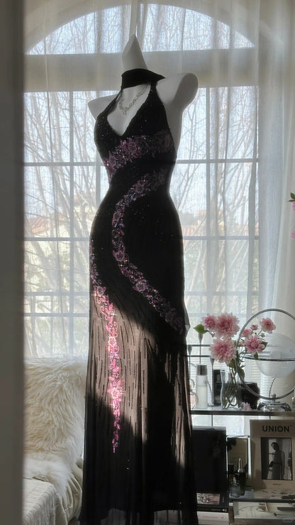 Black V-neck Sheath Chiffon Beading Long Prom Dresses Vintage Evening Gowns HZ1024