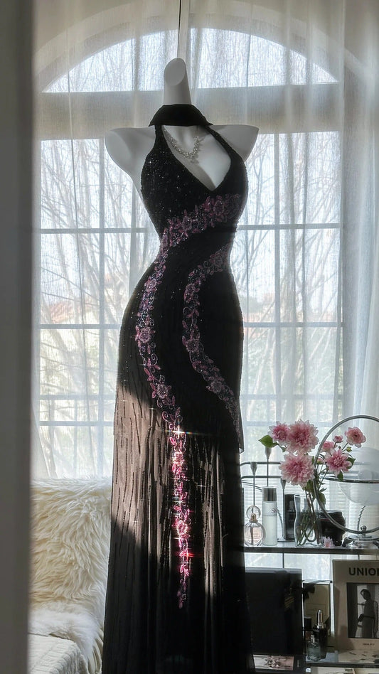 Black V-neck Sheath Chiffon Beading Long Prom Dresses Vintage Evening Gowns HZ1024
