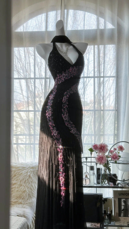 Elegant Black V-neck Sheath Chiffon Beading Long Prom Dresses Vintage Evening Gowns ED02887